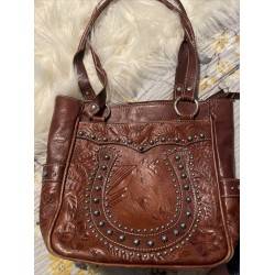 American West Brown Leather Purse With Beads And Horse Handbag 