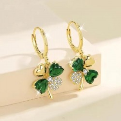 18K Gold Plated Green Gems Four Leaf Clover Drop Earrings Good Luck Women Gift