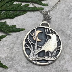 Vintage Charm Necklace Pendant Moon Forest Tree Crow Raven Men Women Silvery New