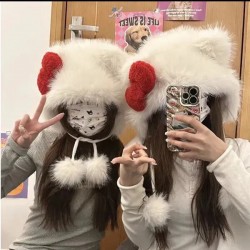 Cute women's Hello Kitty plush hat winter fur hat plus velvet thicken warm hat
