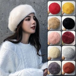 Women Fluffy Rabbit Fur Beret Hat Soft Warm Autumn Winter Sweet Cap Solid Color