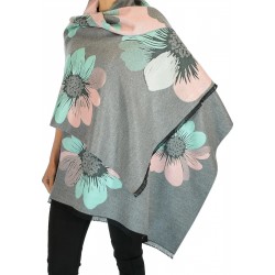 Women's Cashmere Reversible Floral Scarf Frayed-Edge Woven Shawl Light Gray/Pink